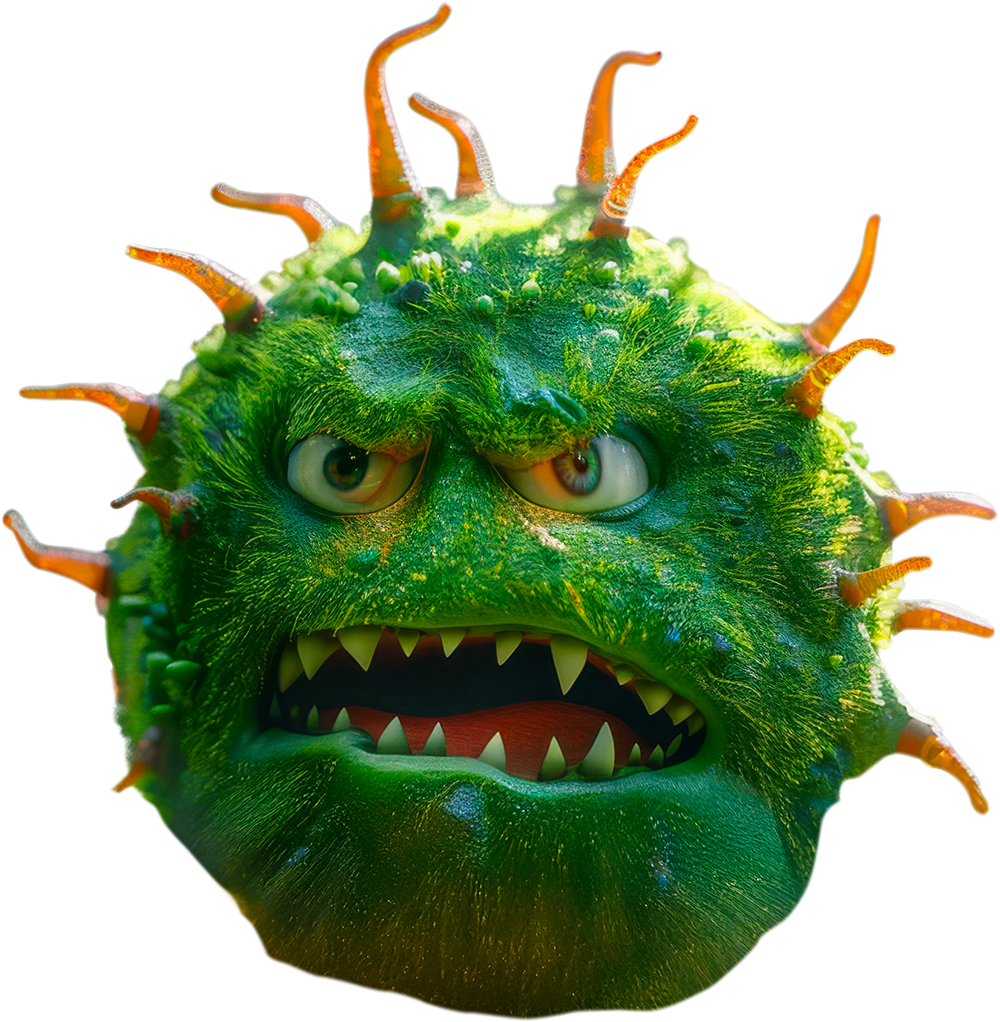 Rendition of a green germ with a face and teeth