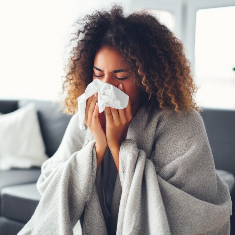 Woman sneezing into tissue with blanket on