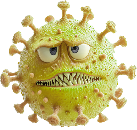 Rendering of a yellow virus with a face